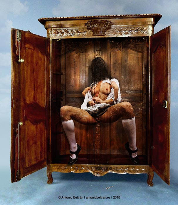 mujer dentro de un armario corriendose orgasmo erotica desnudo collage dibujo poesia bataille antonio beltran