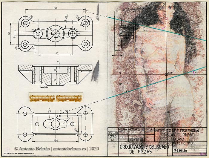 mujer vestido transparente y dibujo técnico erotica desnudo collage dibujo poesia arte tranferencia con disolvente