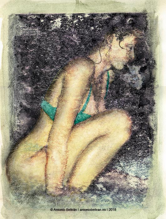 dibujo mujer desnuda sentada en playa erotica collage poesia subvertising contrapublicidad antonio beltran