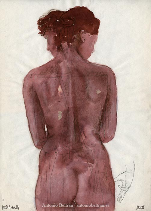 dibujo a tinta de desnudo femenino de espaldas