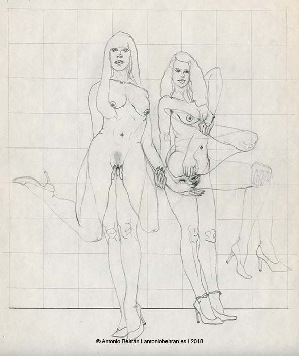 dos mujeres masturbandose dibujo Helmut Newton subvertising contrapublicidad erotica texto Antonio Beltran